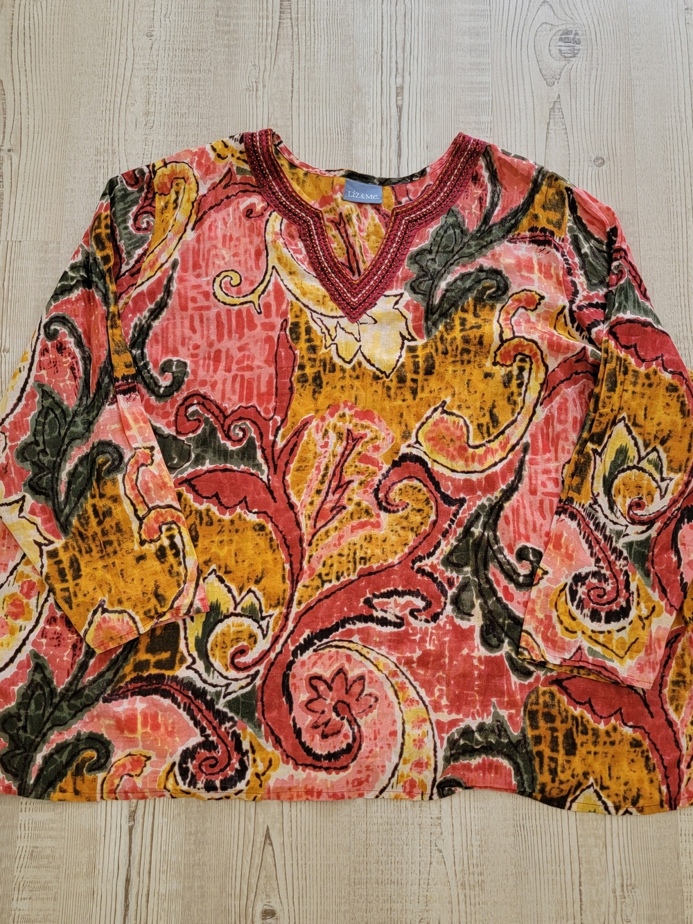 Liz & Me Coral, Mustard & Olive V-Neck Relaxed Tunic Top 4X Global Artistic